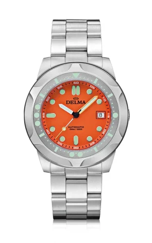 Strieborné pánske hodinky Delma Watches s ocelovým pásikom Quattro Silver Orange 44MM Automatic