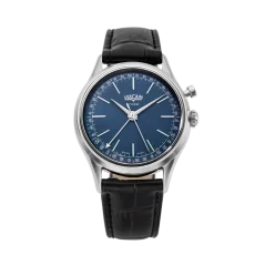 Srebrni muški sat Vulcain s kožnim remenom Cricket President Blue Steel Case Back - BLACK CALF SKIN LEATHER ALLIGATOR-PRINTED 38MM Automatic