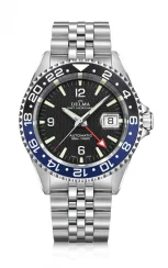 Zilverkleurig herenhorloge van Delma Watches met stalen riem band Santiago GMT Meridian Silver / Black 43MM Automatic