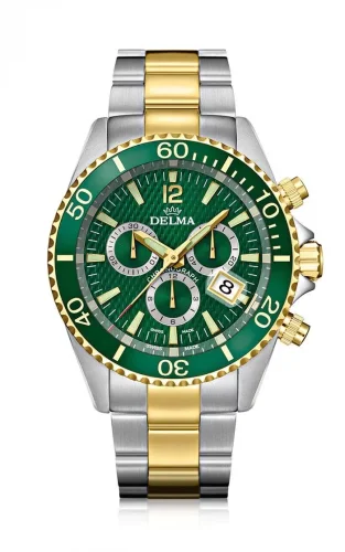 Męski srebrny zegarek Delma Watches ze stalowym paskiem Santiago Chronograph Silver / Gold Green 43MM