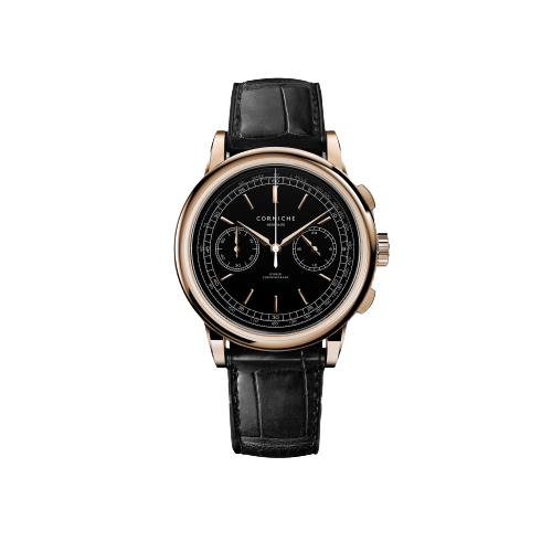 Zlaté pánske hodinky Corniche s koženým opaskom Chronograph Steel with Rose Gold Black dial 39MM