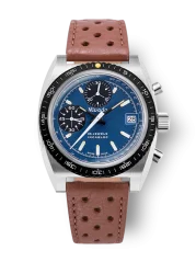 Men's silver Nivada Grenchen watch with leather strap CHRONOSPORT Blue 77003A23 38MM Automatic