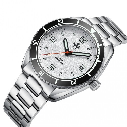 Miesten hopeinen Phoibos Watches -kello teräshihnalla Reef Master 200M - Silver White Automatic 42MM
