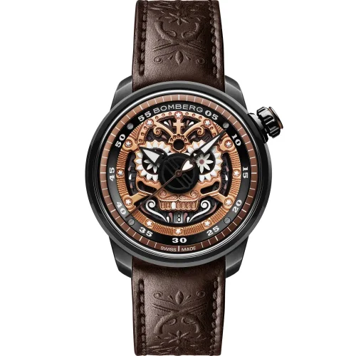 Čierne pánske hodinky Bomberg Watches s gumovým pásikom BB-01 AUTOMATIC MARIACHI SKULL 43MM Automatic