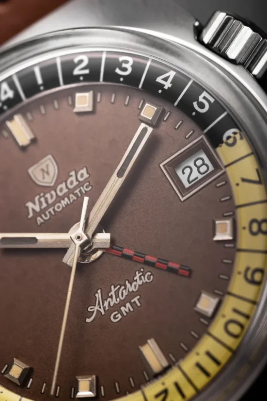 Men's silver Nivada Grenchen watch with leather strap Antarctic GMT - Tropical 32061A17 36MM Automatic
