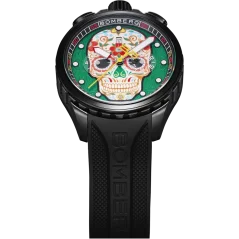 Schwarze Herrenuhr Bomberg Watches mit Gummiband SUGAR SKULL GREEN 45MM