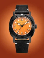 Men's black Nivada Grenchen watch with leather strap Depthmaster Black Pumpkin 14131A15 39MM Automatic