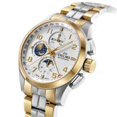 Stříbrné pánské hodinky Delma s ocelovým páskem Klondike Moonphase Silver / Gold 44MM Automatic