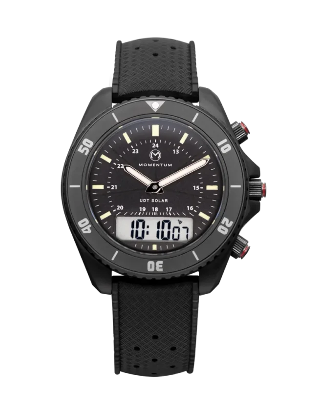 Černé pánské hodinky Momentum s gumovým páskem UDT Black-Ion - Black Tropic Rubber 42MM