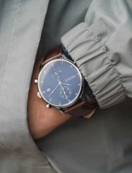 Stříbrné pánské hodinky About Vintage s páskem z pravé kůže Chronograph Blue Sunray 1815 41MM