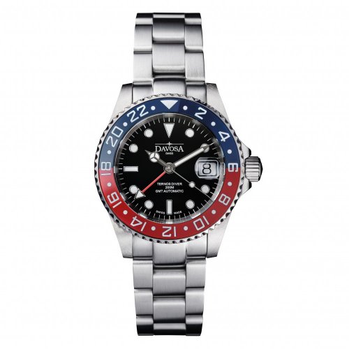 Relógio Davosa de prata para homem com pulseira de aço Ternos Ceramic GMT - Blue/Red Automatic 40MM