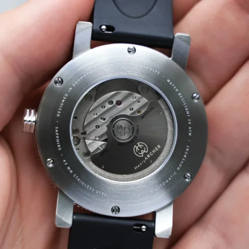 Stříbrné pánské hodinky Henryarcher Watches s gumovým páskem Nordlys - Meteorite Neon Astra 42MM Automatic