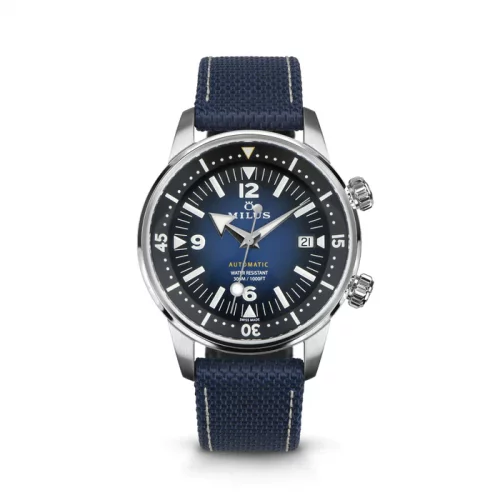 Zilveren herenhorloge van Milus Watches met een rubberen band Archimèdes by Milus Deep Blue 41MM Automatic