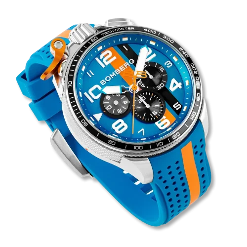 Strieborné pánske hodinky Bomberg Watches s gumovým pásikom RACING 4.2 Blue / Orange 45MM