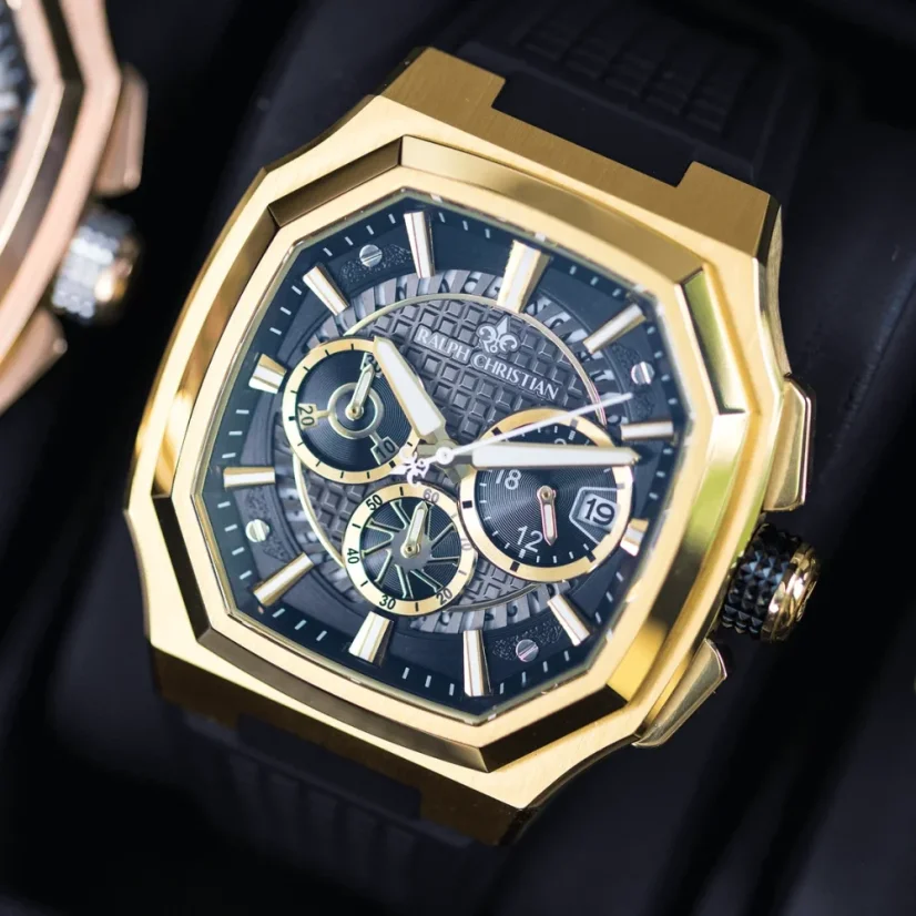 Zlaté pánské hodinky Ralph Christian s gumovým páskem The Equinox Chrono - Golden Eclipse 47MM