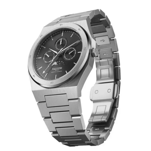 Męski srebrny zegarek Valuchi Watches ze stalowym paskiem Lunar Calendar - Silver Black 40MM
