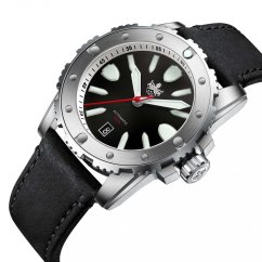 Men's silver Phoibos watch with leather strap Great Wall 300M - Black Automatic 42MM Limited Edition