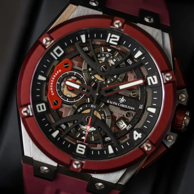 Stříbrné pánské hodinky Ralph Christian s gumovým páskem The Apex Chrono - Crimson Steel 46MM