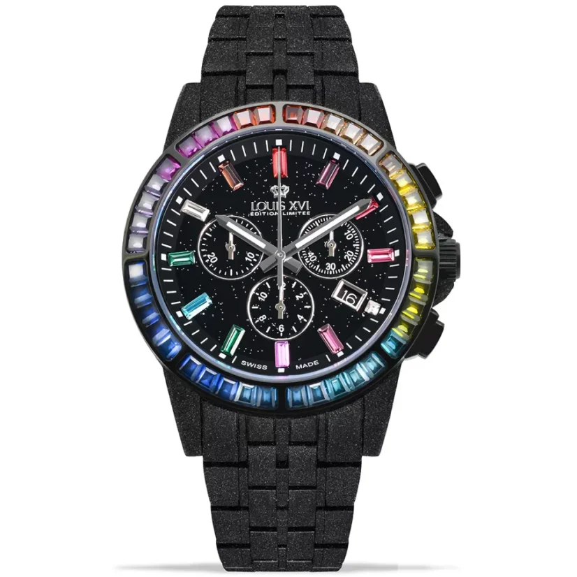 Men's black Louis XVI watch with steel strap Majesté Iced Out Rainbow 1129 - Black 43MM