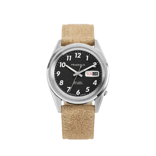 Stříbrné pánské hodinky Praesidus s koženým páskem Rec Spec - White Popcorn Sand Leather 38MM Automatic