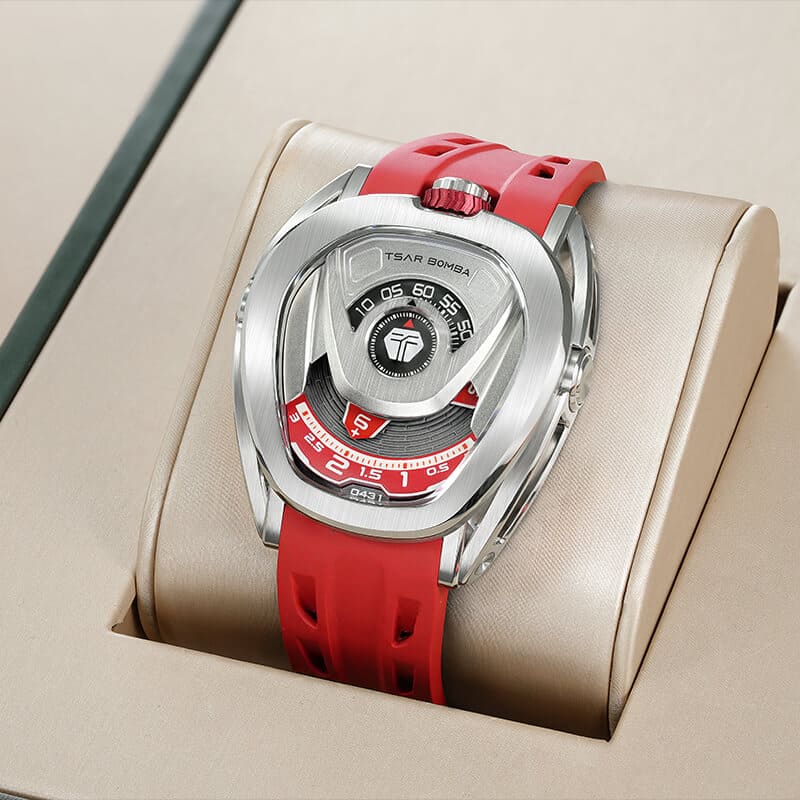 Men's silver Tsar Bomba Watch with a rubber band TB8213 - Silver / Red Automatic 44MM