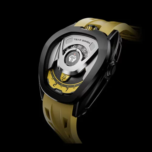 Černé pánské hodinky Tsar Bomba Watch s gumovým páskem TB8213 - Black / Yellow Automatic 44MM