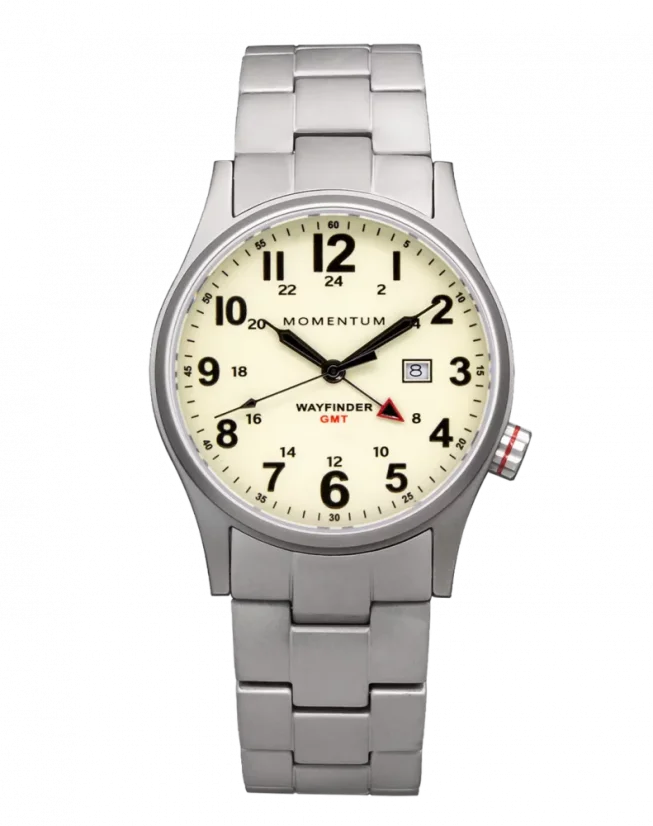 Herrenuhr aus Silber Momentum Watches mit Stahlband Wayfinder GMT White 40MM