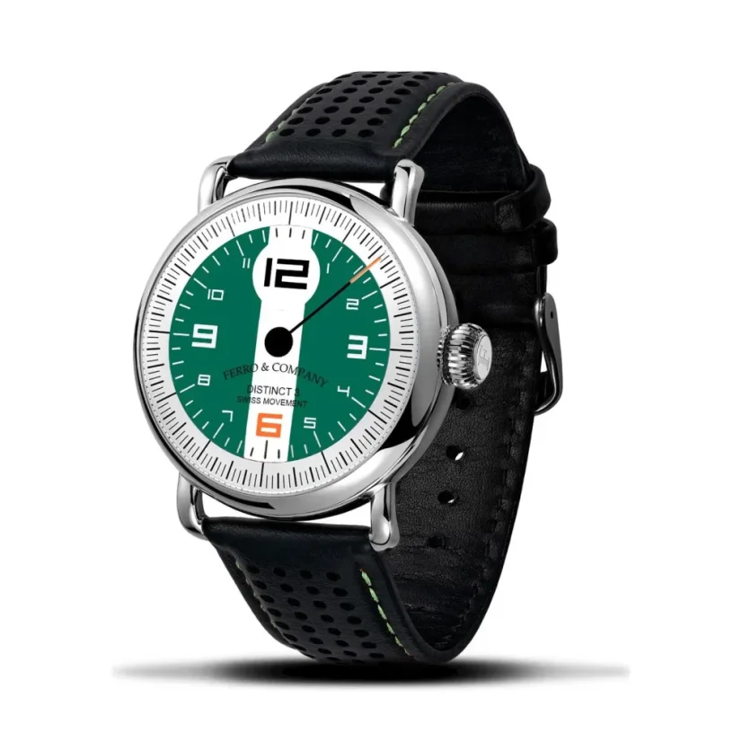 Strieborné pánske hodinky Ferro & Company s koženým pásikom Distinct 3 British Racing Green 42MM