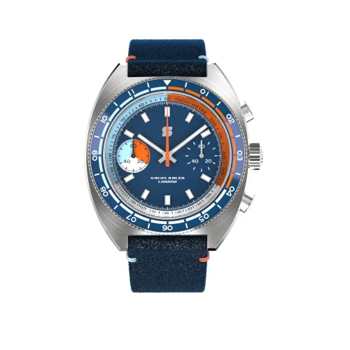 Zilverkleurig herenhorloge van Straton Watches met leren band Yacht Racer Orange / Blue 42MM