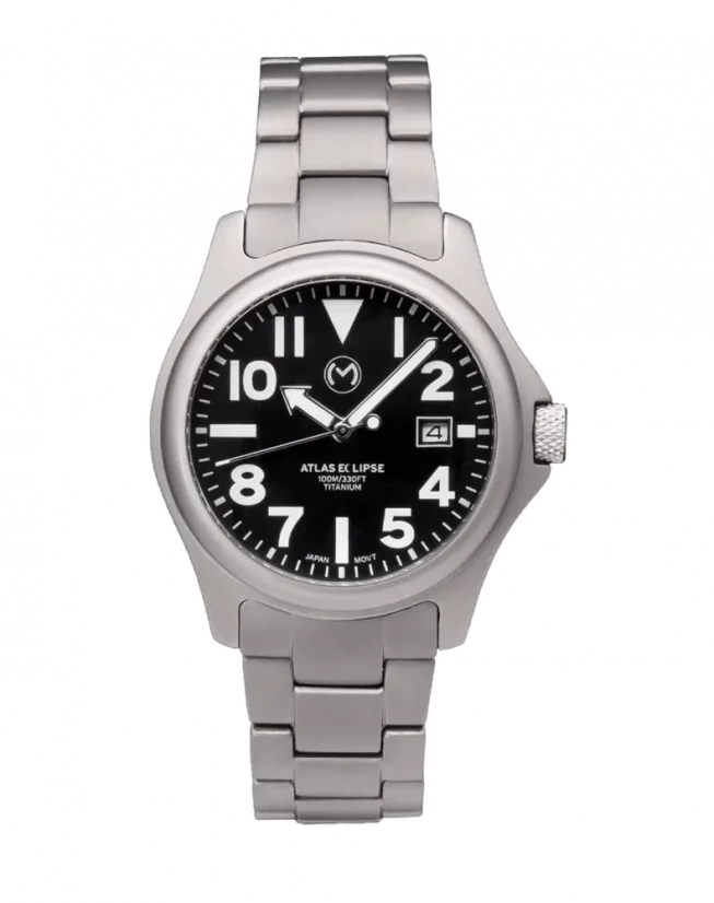 Men s silver Momentum Watch with steel strap Atlas Eclipse Solar Black 38MM