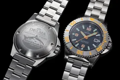 Męski srebrny zegarek Delma Watches ze stalowym paskiem Blue Shark IV Silver Black / Orange 47MM Automatic