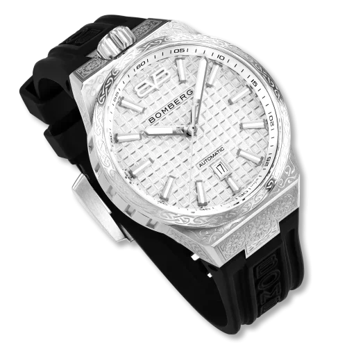 Stříbrné pánské hodinky Bomberg s gumovým páskem DIAMOND WHITE 43MM Automatic