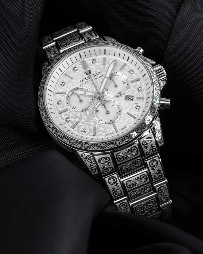 Stříbrné pánské hodinky Louis XVI s ocelovým páskem Palais Royale With Diamond 1821 - Silver 43MM