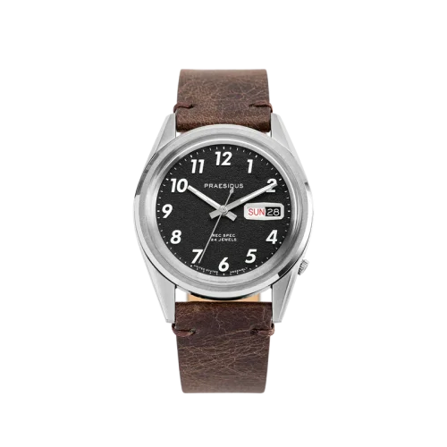 Męski srebrny zegarek Praesidus ze skórzanym paskiem Rec Spec - White Popcorn Brown Leather 38MM Automatic