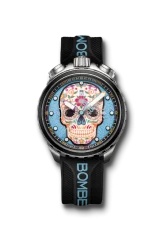Schwarze Herrenuhr Bomberg Watches mit Gummiband SUGAR SKULL BLUE 45MM