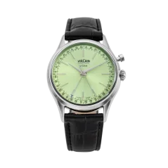 Srebrni muški sat Vulcain s kožnim remenom Cricket President Pistachio Green Steel Case Back - BLACK CALF SKIN LEATHER ALLIGATOR-PRINTED 38MM Automatic