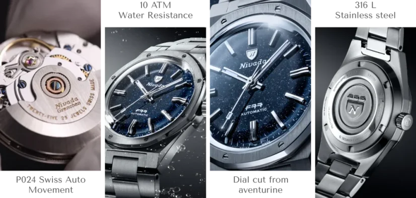 Strieborné pánske hodinky Nivada Grenchen s textilným opaskom F77 STAINLESS STEEL DARK BLUE 68010A77-BC 37MM Automatic