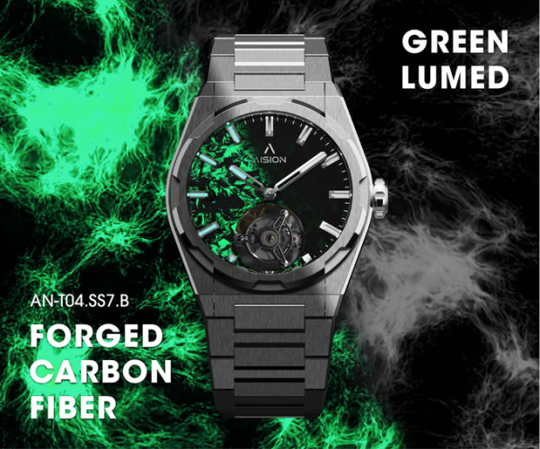 Men's black Aisiondesign Watch with steel strap Tourbillon - Lumed Forged Carbon Fiber Dial - Green 41MM