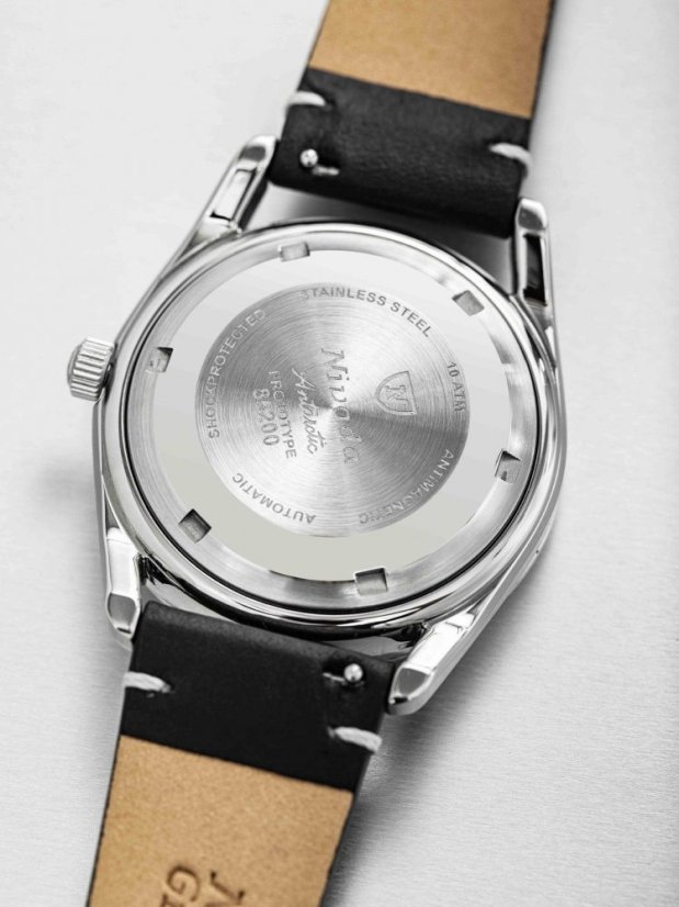 Stříbrné pánské hodinky Nivada Grenchen s koženým páskem Antarctic Spider 32023A10 38MM Automatic