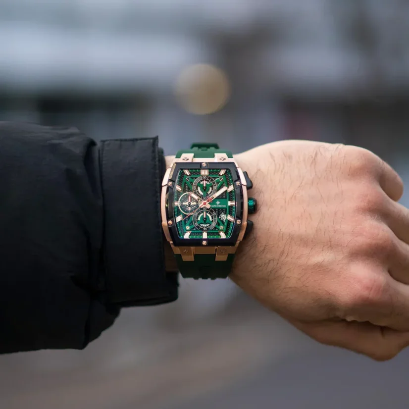 Men's gold Ralph Christian watch with a rubber band The Polaris Chrono - Gold / Hunter Green 42,5MM