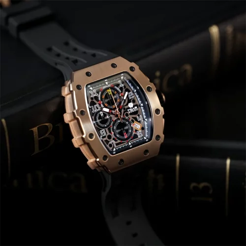 Orologio da uomo in oro Tsar Bomba Watch con un braccialetto di gomma TB8204Q - Gold / Black 43,5MM