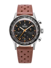 Men's silver Nivada Grenchen watch with leather strap GMT Bezel Chronoking Mecaquartz Inter. Bezel Brown Racing Strap 87042Q23 38MM