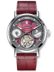 Stříbrné pánské hodinky Waldhoff s koženým páskem Ultramatic II Burgundy 42,5MM Automatic