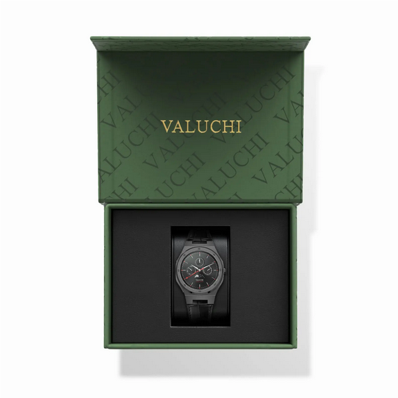 Men's black Valuchi watch with leather strap Lunar Calendar - Gunmetal Black Leather 40MM