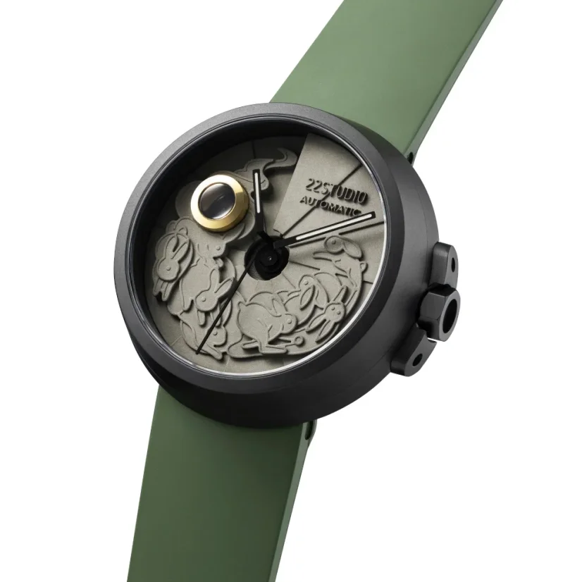 Reloj 22Designstudio Watches negro para hombre con correa de caucho Rabbit Moss green 45MM Automatic