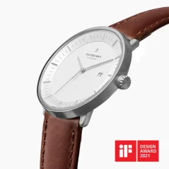 Men's silver Nordgreen watch with leather strap Philosopher Brown Leather / Silver 36MM