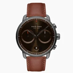 Men's black Nordgreen watch with leather strap Pioneer Brown Sunray Dial - Brown Leather / Gun Metal 42MM