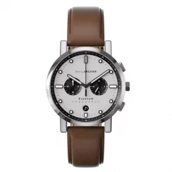 Stříbrné pánské hodinky Henryarcher Watches s koženým páskem Kvantum - Vektor Windsor Tan 41MM