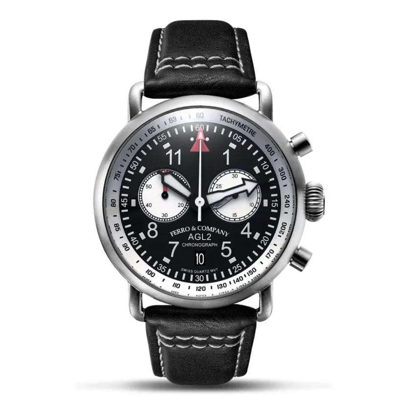 Men's silver Ferro & Company with leather strap AGL 2 Chronograph Black / White 42MM