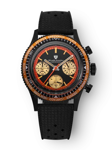 Černé pánské hodinky Nivada Grenchen s gumovým páskem Chronoking Mecaquartz Steel Black 87041Q10 38MM